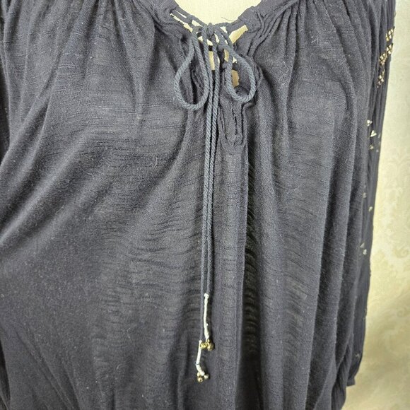 Free People Size Small Black Peasant Top Tie Scoop Neck Long Sleeve Embellished - Picture 8 of 16